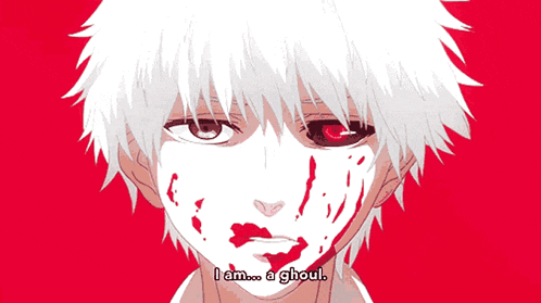 a man with blood on his face and the words i am a ghoul