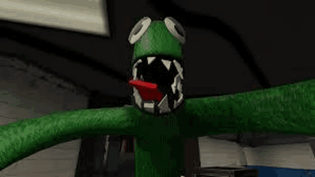 a green monster with a red tongue sticking out of its mouth is standing in a dark room .
