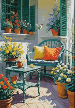a painting of a porch with flowers and a bird
