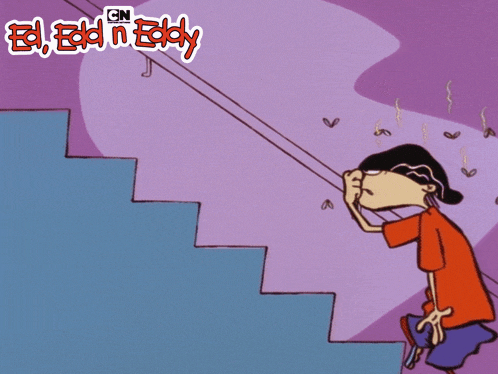 a cartoon character is walking up a set of stairs with the words ed edd n eddy above him