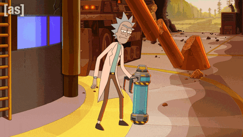 a cartoon of rick from rick and morty holding a container