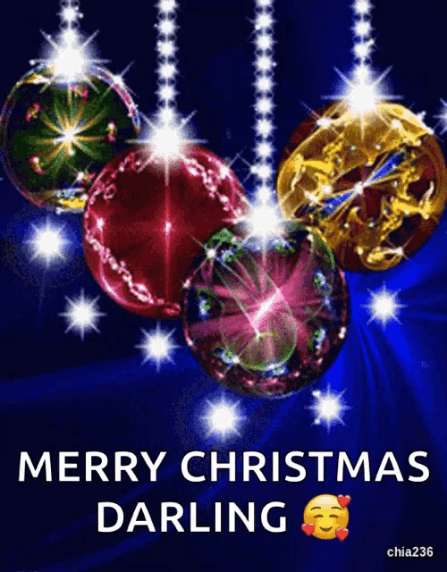 a merry christmas darling greeting card with christmas balls and stars