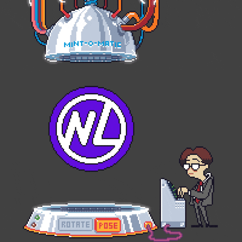 a pixel art of a mint-o-matic machine and a man playing a game