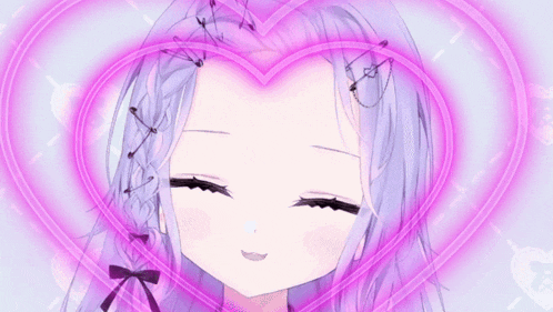 a girl with purple hair is surrounded by a heart