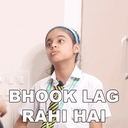 a girl in a white shirt and tie with the words bhook lag rahi hai behind her