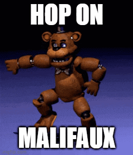a picture of a teddy bear with the words hop on malifaux