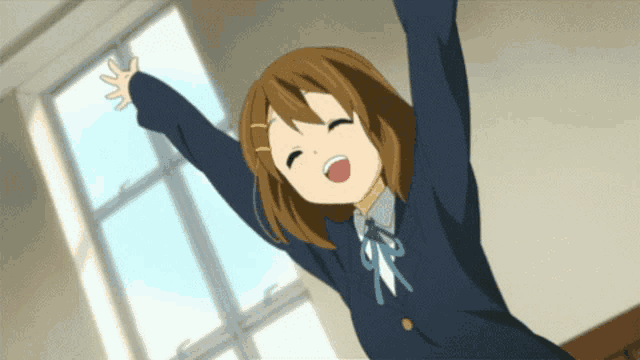 a cartoon girl with her arms outstretched and a smile on her face