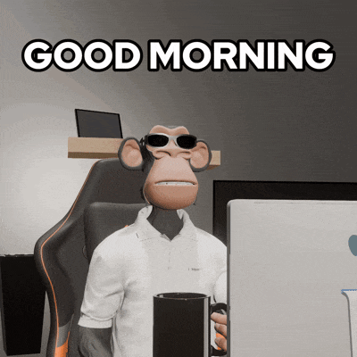 a cartoon monkey is sitting in front of a computer with the words good morning written above him