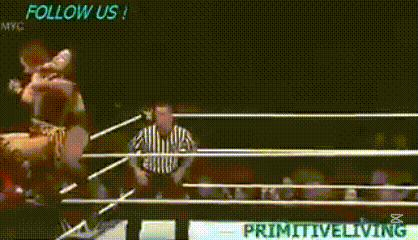 a wrestling match is taking place in a ring with a referee and a sign that says follow us .