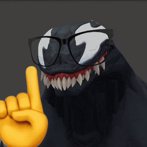 a cartoon of venom wearing glasses and a yellow hand giving a rock on sign