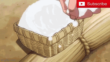 a cartoon drawing of a person holding a basket of rice with a subscribe button above it