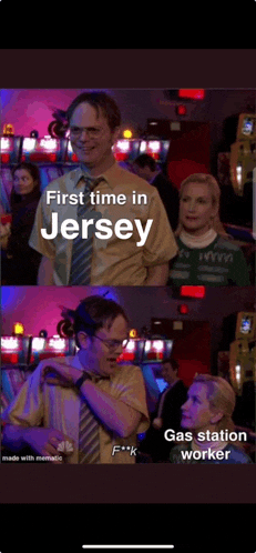 a screenshot of a scene from the office that says first time in jersey