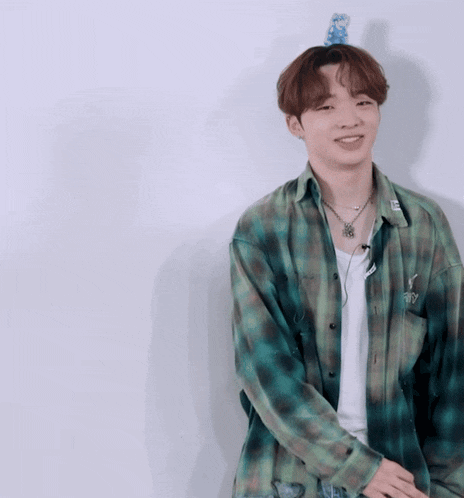 a young man wearing a green plaid shirt and a white t-shirt is smiling with a blue stuffed animal on his head