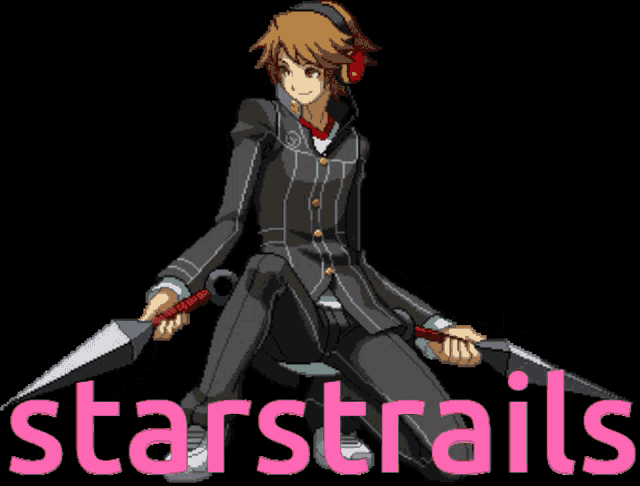 a cartoon of a man holding a pair of knives with the words starstrails written below him