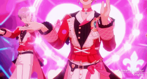 a couple of anime characters are dancing in front of a pink heart shaped background .