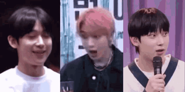 a group of young men are standing next to each other in front of a microphone and making funny faces .