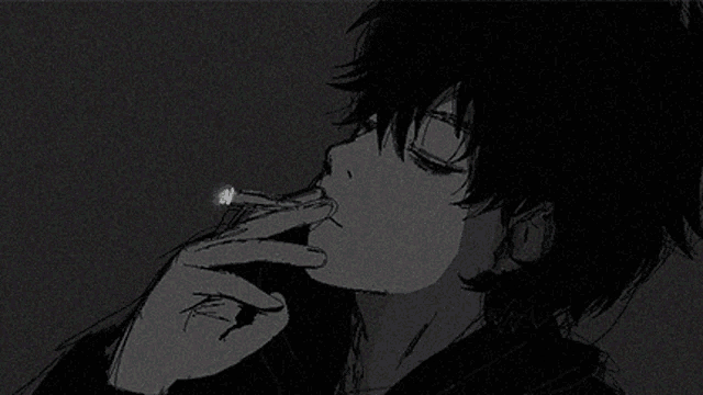 a black and white drawing of a boy smoking a cigarette .