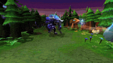 a purple monster with horns and chains around its arms and legs