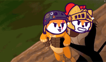 two cartoon characters one wearing a helmet and one wearing a knight 's hat are standing next to each other