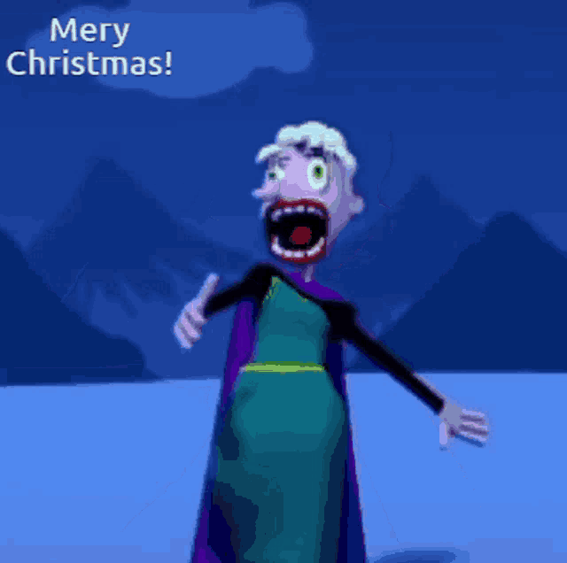 a cartoon character says merry christmas in a dark blue background
