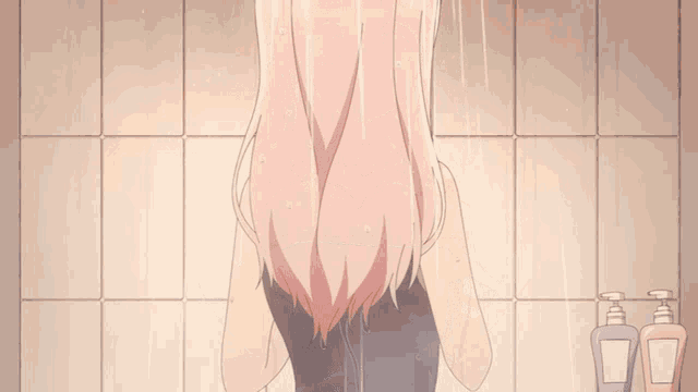 a girl with pink hair is taking a shower in a bathtub