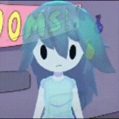 a cartoon girl with blue hair and a flower in her hair is standing in front of a sign that says 00 .