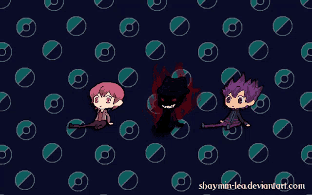three cartoon characters on a dark background with the website shaymin-lea.deviantart.com in the lower right corner