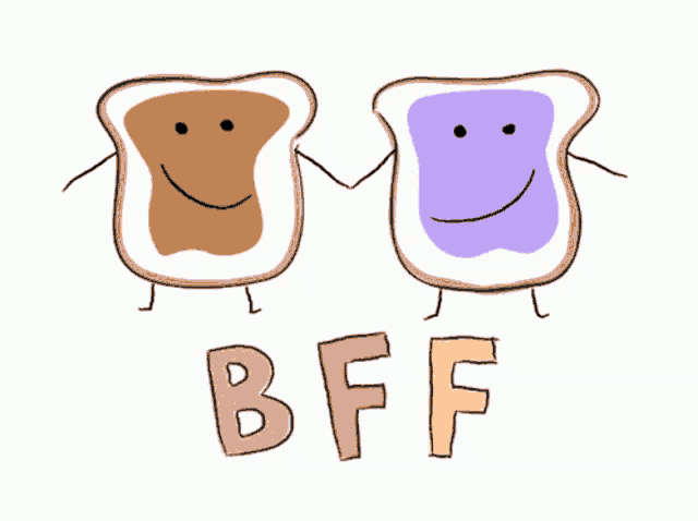 a drawing of two slices of toast with faces and the word bff