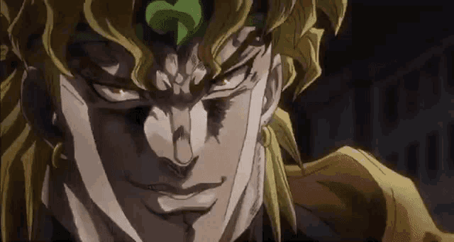 dio from jojo 's bizarre adventure is looking at the camera with a serious expression on his face .