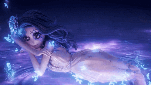 a doll with dreadlocks is laying in the water with butterflies around her