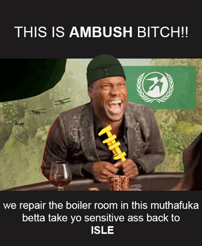 a man sitting at a table with the words this is ambush bitch below him
