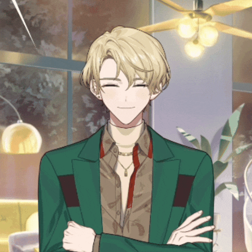a man with blonde hair and a green jacket is smiling with his eyes closed