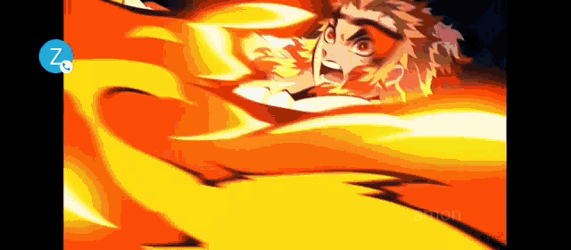 a cartoon character is surrounded by flames and a blue z on the bottom right corner .