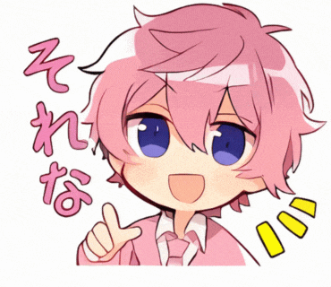 a drawing of a boy with pink hair and blue eyes giving a thumbs up