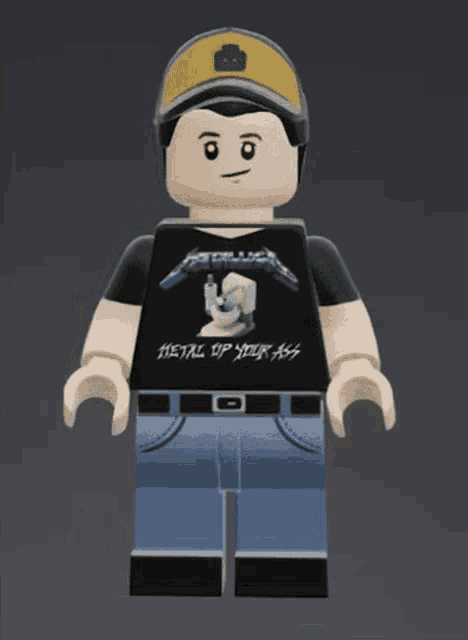 a lego figure is wearing a metallica shirt and a hat