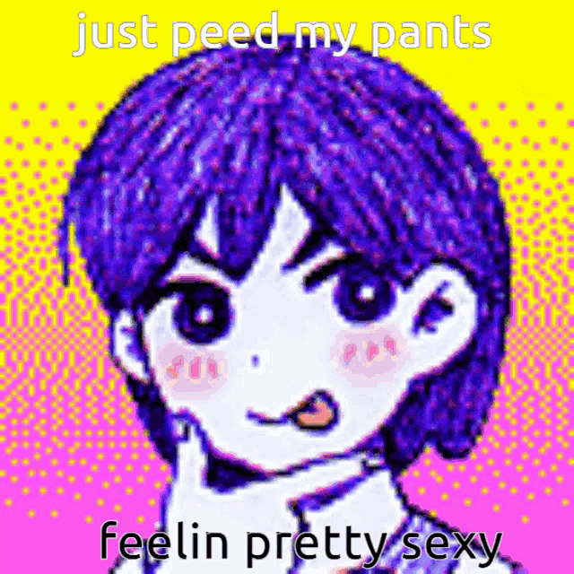 a cartoon of a girl with purple hair and a caption that says just peed my pants feelin pretty sexy