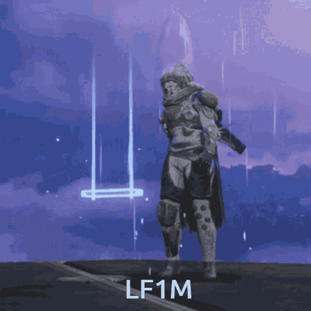 a video game character is standing in front of a purple sky with the letters lf1m above him