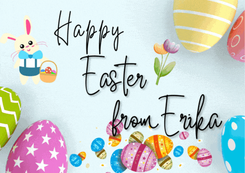 a happy easter from erika card with easter eggs and a bunny