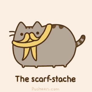 a cartoon of a cat with a scarf around its neck and the words the scarf-stache below it