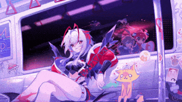 a cartoon of a girl sitting on a bus with a cat