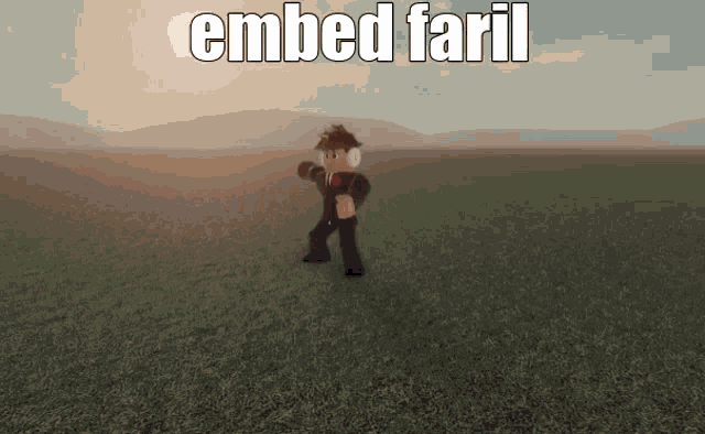a cartoon character is standing in a grassy field with the words embed faril written above him