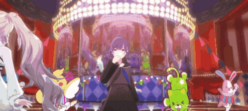 a girl with purple hair is standing on a stage in front of a crowd surrounded by stuffed animals .