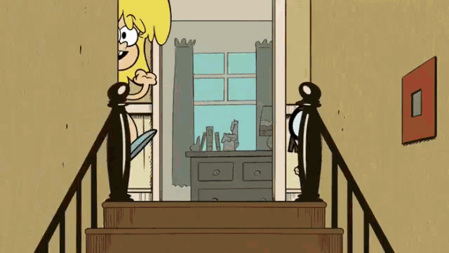 a cartoon character is standing on a set of stairs looking out of a window .