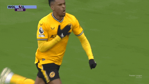 a soccer player in a yellow jersey celebrates a goal against wolves