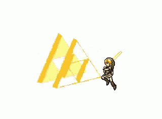 a pixel art of a person holding a sword with a lot of yellow triangles around them .