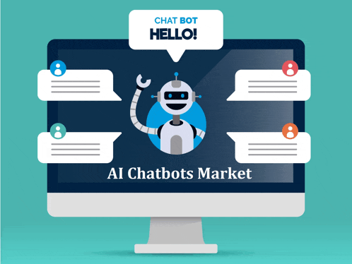 a computer monitor with a robot and speech bubbles that says chat bot hello