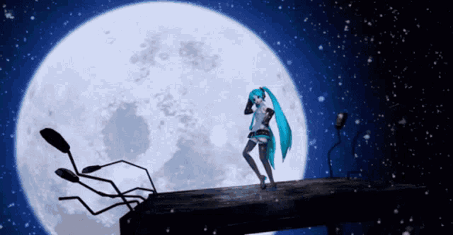 a girl with blue hair is dancing in front of the moon