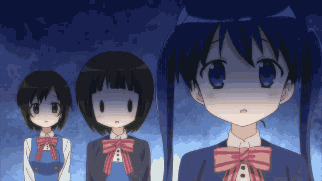 three anime girls are standing next to each other with one wearing a pink bow