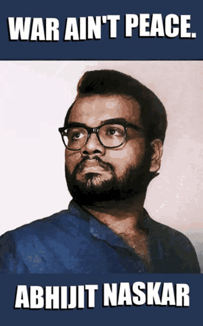 a poster of a man with glasses and the words war ain 't peace behind him