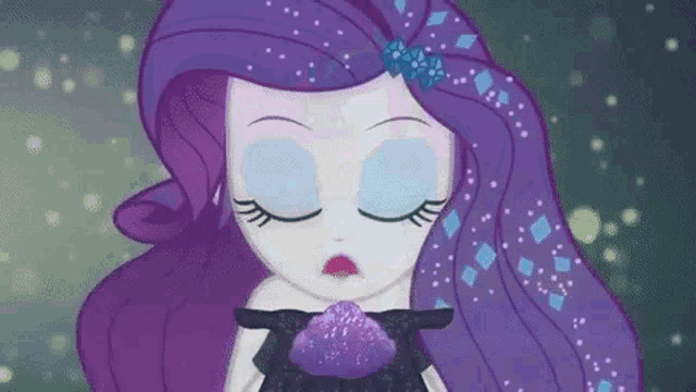 a cartoon girl with purple hair is holding a purple object .